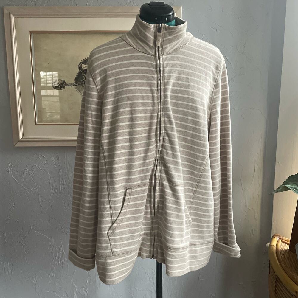 L.L.Bean Womens Striped Full Zip Cotton Jacket Size 1X Plus Oatmeal Pockets